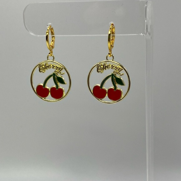 Cute & Funky cherry gold enamel earrings - Picture 5 of 8